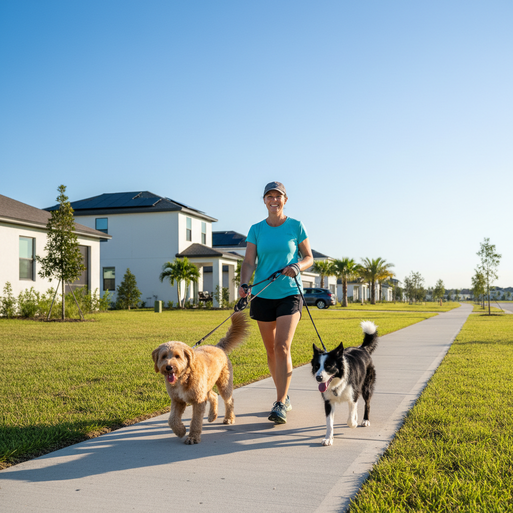 A cheerful dog walker in athletic casual clothes walking two happy medium-sized dogs on leashes along a clean suburban sidewalk in Babcock Ranch-style neighborhood. Lush green lawns, modern homes, and clear blue sky in the background. The dogs look energetic and content. Photographic realism, bright daytime light, friendly and active mood.