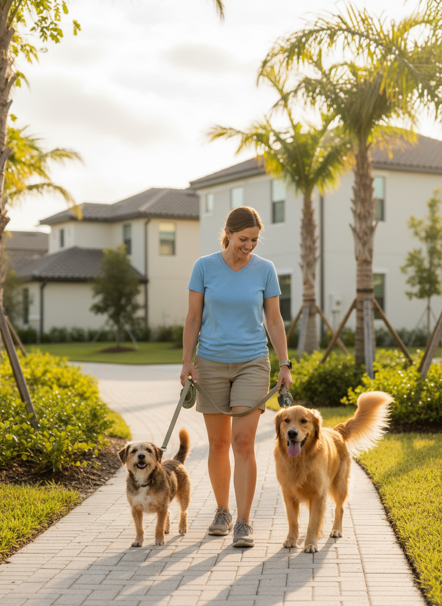 Warm, friendly scene of a pet sitter in Babcock Ranch walking a happy golden retriever and a small mixed-breed dog along a leafy neighborhood path with modern Florida-style homes in the background. The dogs are on leashes, tails wagging, with the sitter smiling and relaxed, wearing casual, clean clothes. Early morning light, safe suburban feel, emphasizing trust, care, and reliability. Photorealistic, bright but soft colors, suitable for a homepage hero image for a local pet care business.