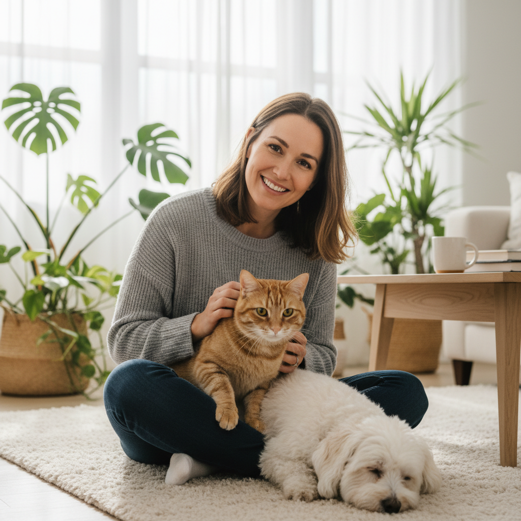 Friendly, close-up portrait of a woman in her 30s sitting on a cozy living room rug in a modern Florida home, gently petting a relaxed tabby cat in her lap and a small dog resting beside her. Soft natural light, tidy home, plants in the background, mood is calm, trustworthy, and caring. Photorealistic, clean composition for a customer review avatar for a pet-sitting business.