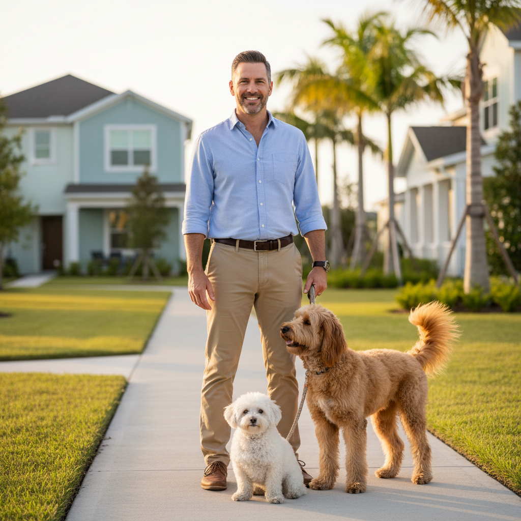 Friendly, close-up portrait of a man in his 40s standing on a sunlit sidewalk in a Babcock Ranch-style neighborhood, holding the leash of a medium-sized dog while a second small dog sits calmly at his feet. The man is smiling and relaxed, wearing casual but neat clothes. Suburban homes and greenery in the softly blurred background, mood is dependable, approachable, and confident. Photorealistic, clean composition for a customer review avatar for a dog-walking and drop-in visit business.